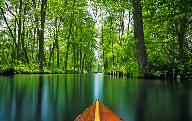 Strömungsleitung durch den Erholungsgebiet Spreewald - Spreewald in der Nähe von Berlin im Sommer. Bootsfahrt durch die Strömungslinien Spreewald