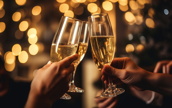 Nahaufnahme von Menschen, die mit weihnachtlichen Champagnergläsern anstoßen - © Malchevska - stock.adobe.com