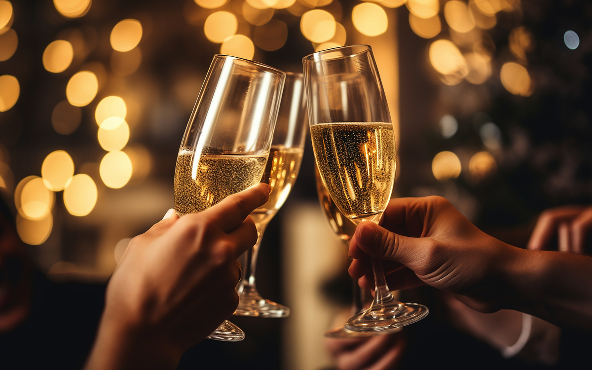 Nahaufnahme von Menschen, die mit weihnachtlichen Champagnergläsern anstoßen - © Malchevska - stock.adobe.com